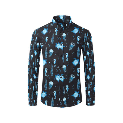 Sea Turtle Jelly Fish Sea Horse Print Design LKS3014 Men's Long Sleeve Dress Shirt