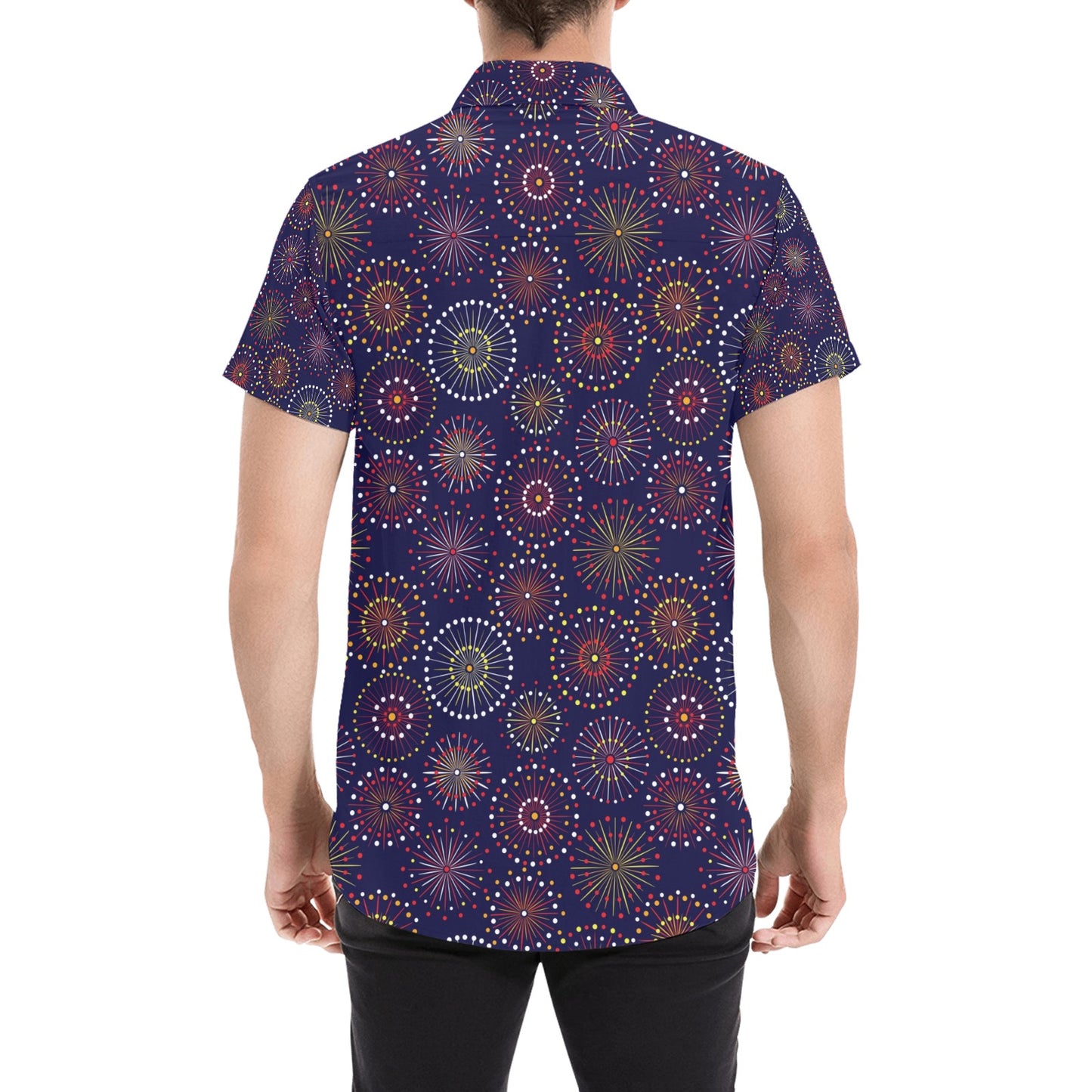 Firework Flower Style Print Design LKS302 Men Short Sleeve Button Up Shirt