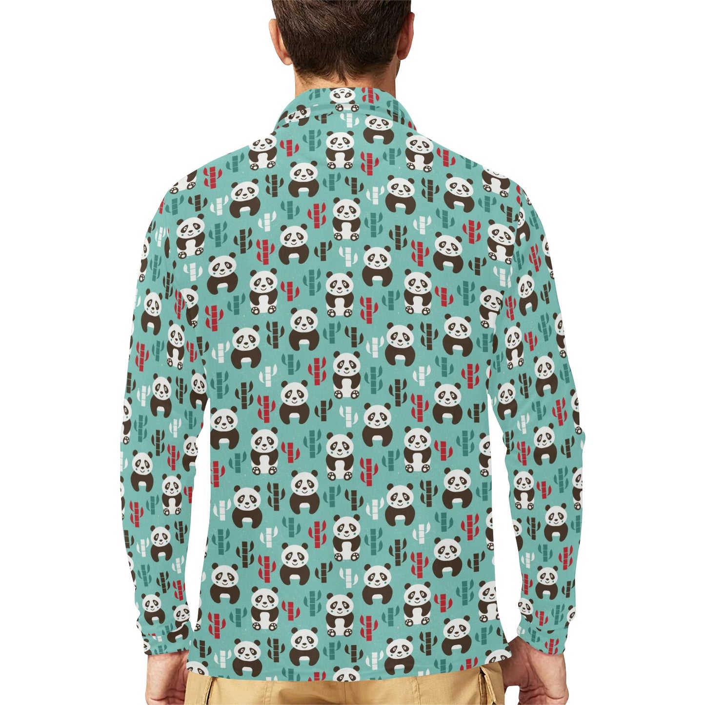 Panda Bear Cute Themed Print Long Sleeve Polo Shirt For Men's