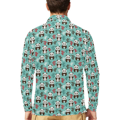 Panda Bear Cute Themed Print Long Sleeve Polo Shirt For Men's