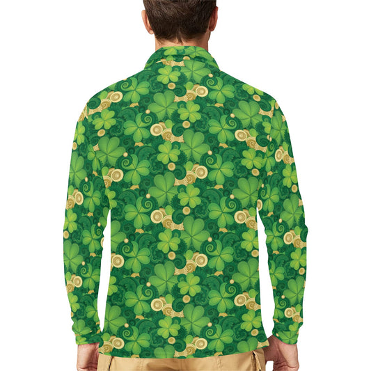 Shamrock Print Design LKS301 Long Sleeve Polo Shirt For Men's