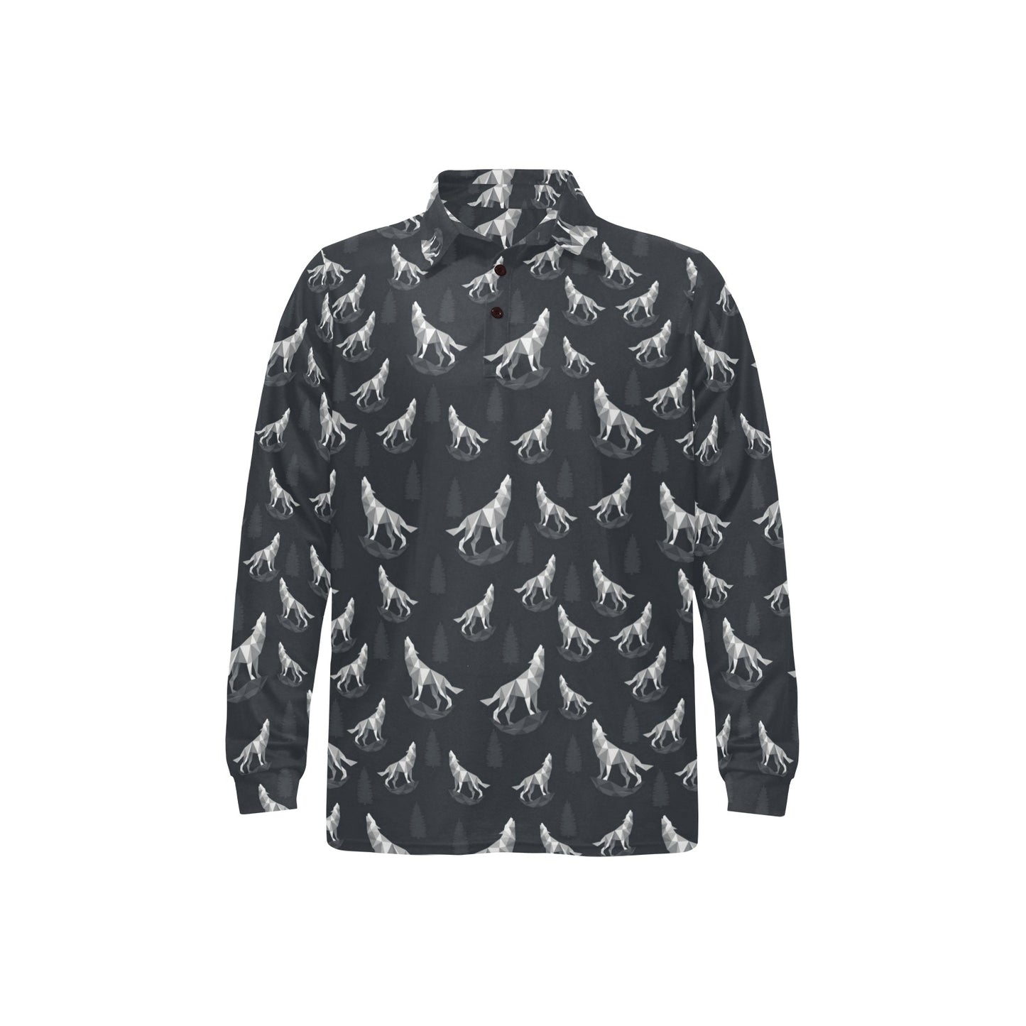 Wolf Print Design LKS303 Long Sleeve Polo Shirt For Men's