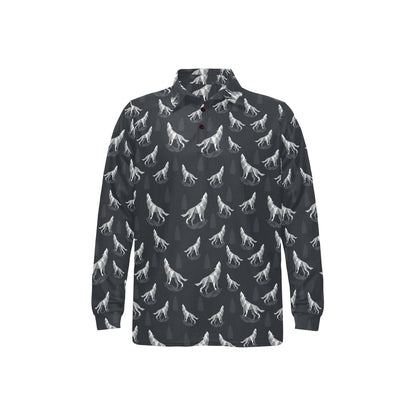 Wolf Print Design LKS303 Long Sleeve Polo Shirt For Men's