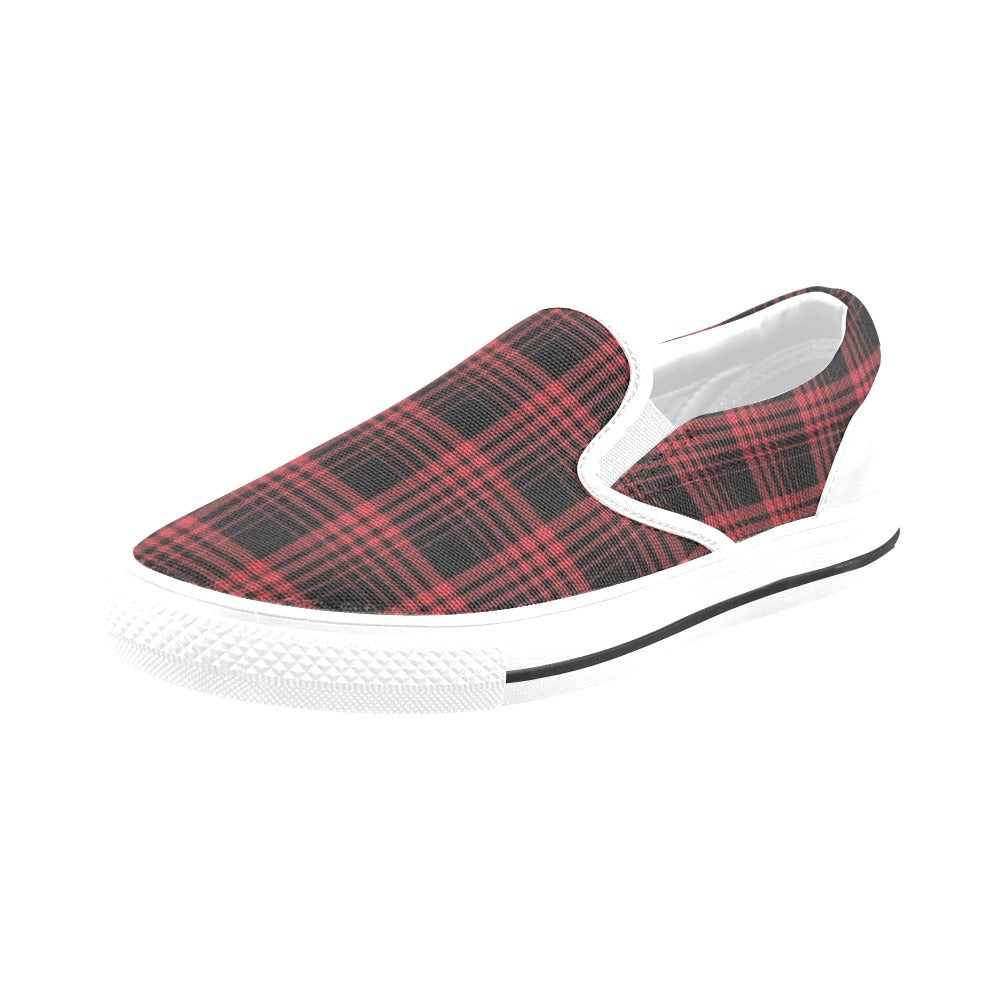 Tartan Red Black Print Design LKS303 White Slip Ons Canvas Women's Shoes