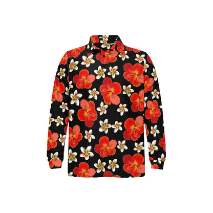 Red Hibiscus Pattern Print Design HB022 Long Sleeve Polo Shirt For Men's
