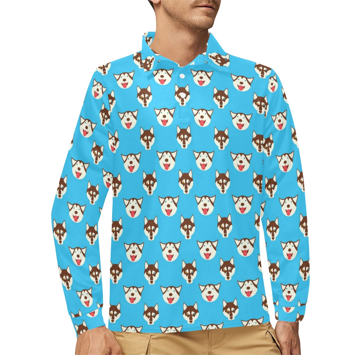 Siberian Huskies Print Design LKS306 Long Sleeve Polo Shirt For Men's