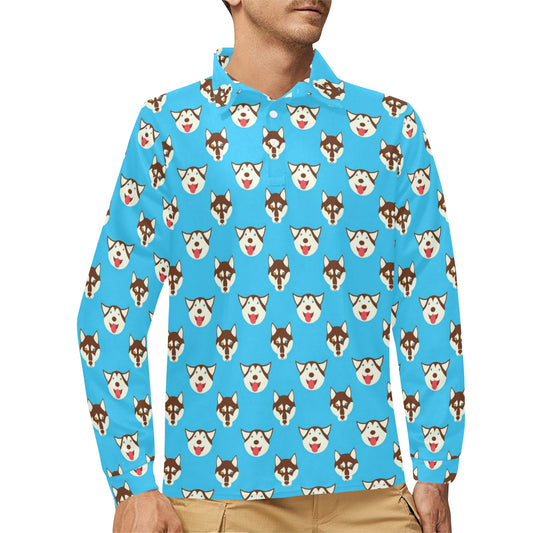 Siberian Huskies Print Design LKS306 Long Sleeve Polo Shirt For Men's