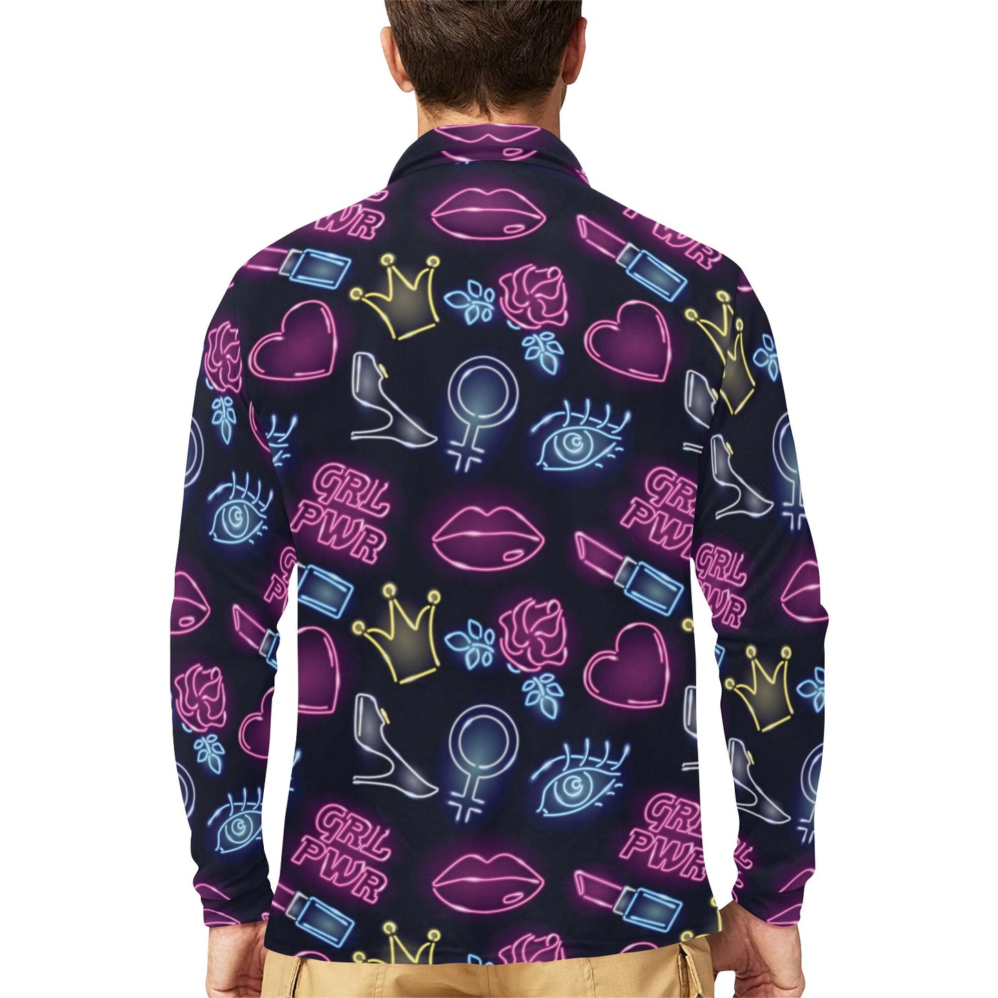 Lipstick Neon Pattern Print Design 02 Long Sleeve Polo Shirt For Men's