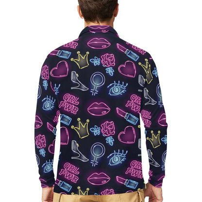 Lipstick Neon Pattern Print Design 02 Long Sleeve Polo Shirt For Men's