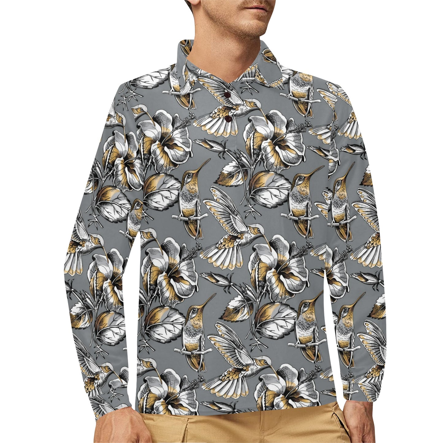 Hummingbird Pattern Print Design 02 Long Sleeve Polo Shirt For Men's