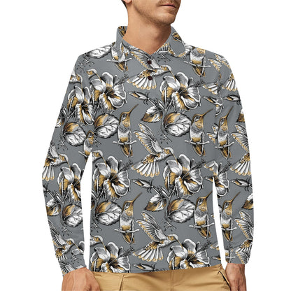 Hummingbird Pattern Print Design 02 Long Sleeve Polo Shirt For Men's