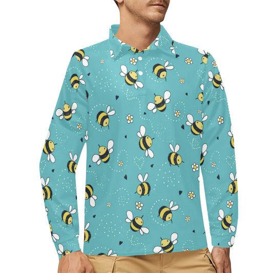 Bee Pattern Print Design BEE02 Long Sleeve Polo Shirt For Men's