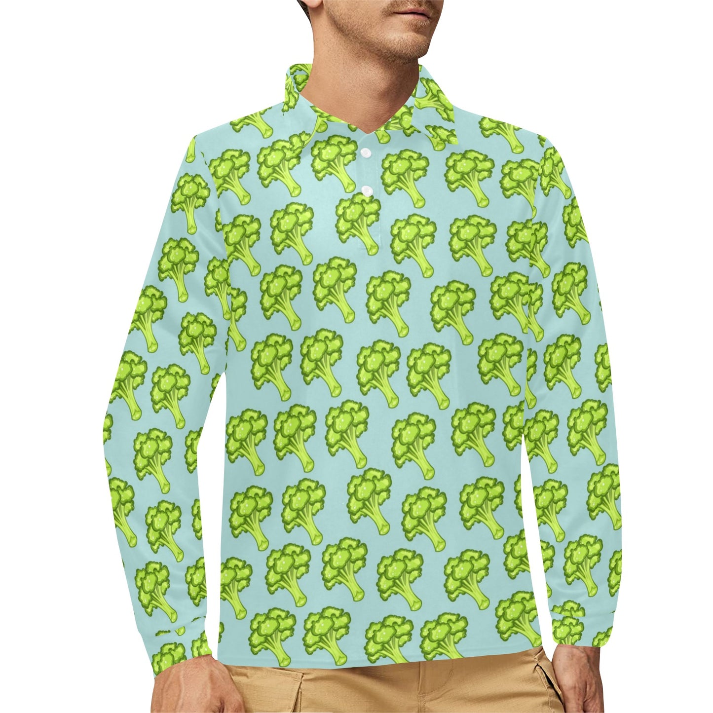 Broccoli Pattern Print Design 02 Long Sleeve Polo Shirt For Men's