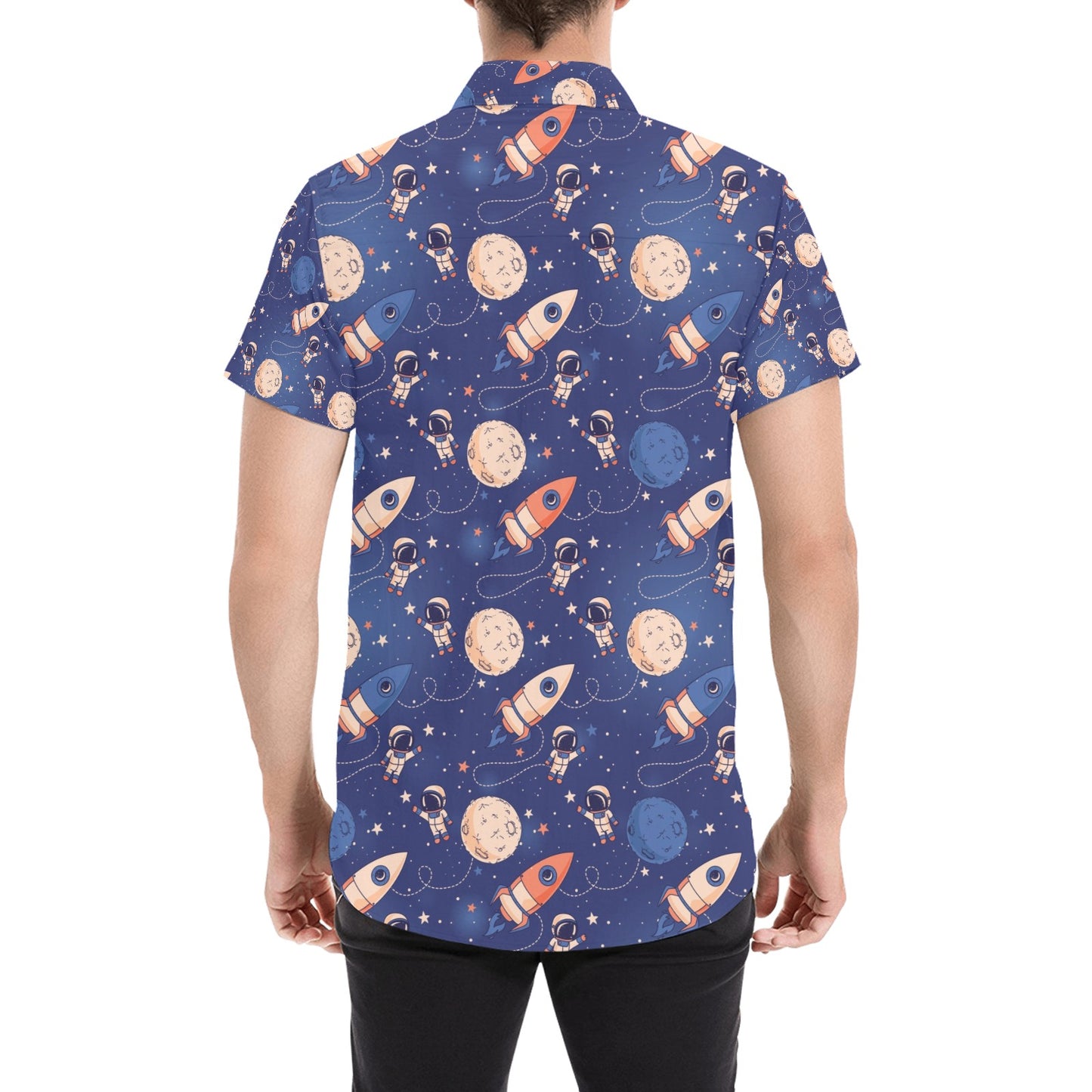 Space Astronaut Rocket Print Design LKS304 Men Short Sleeve Button Up Shirt