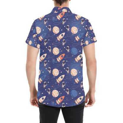 Space Astronaut Rocket Print Design LKS304 Men Short Sleeve Button Up Shirt