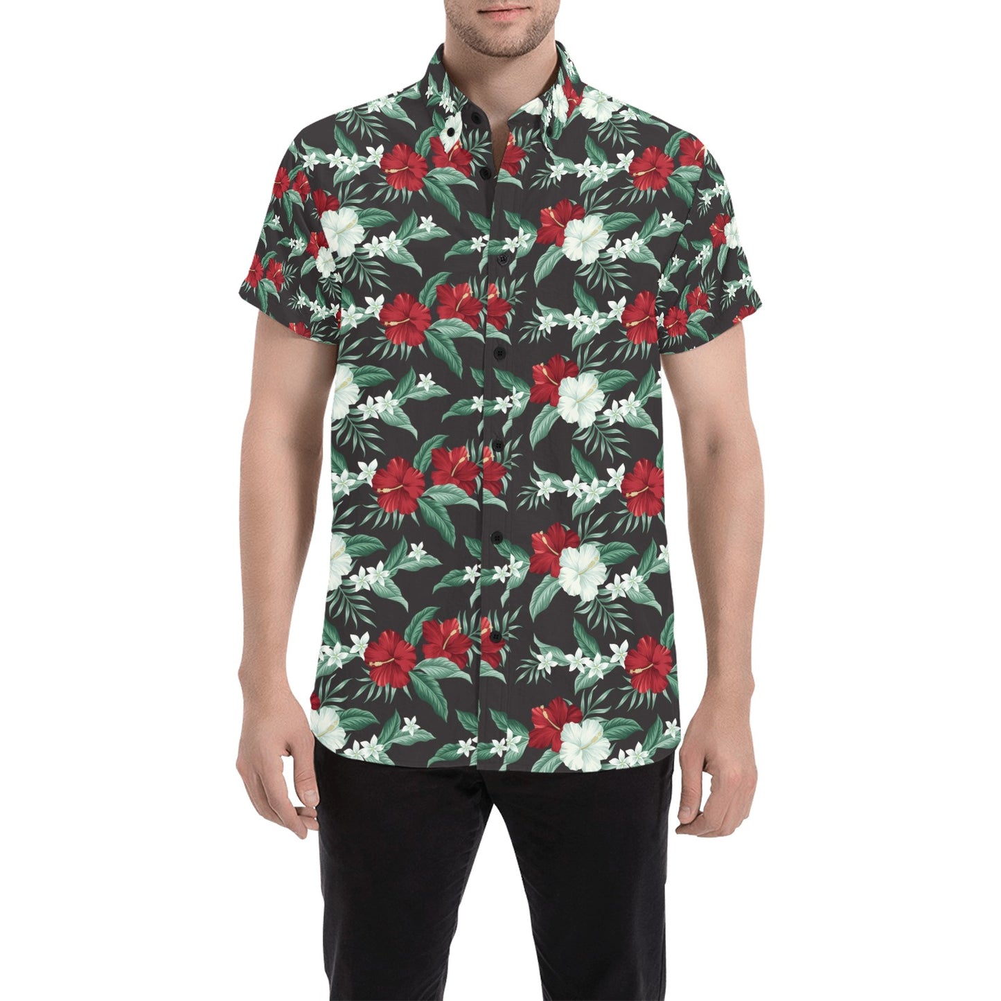 Tropical Flower Print Design LKS303 Men Short Sleeve Button Up Shirt