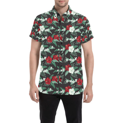Tropical Flower Print Design LKS303 Men Short Sleeve Button Up Shirt