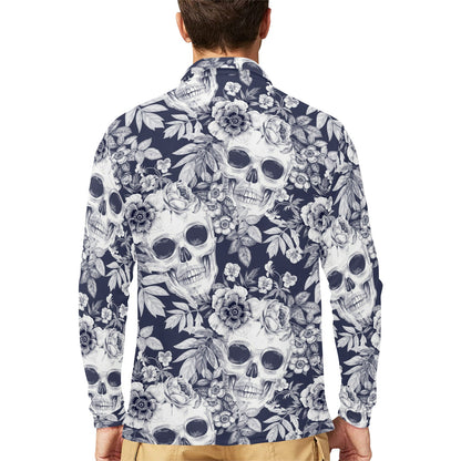 Skull Floral Beautiful Long Sleeve Polo Shirt For Men's