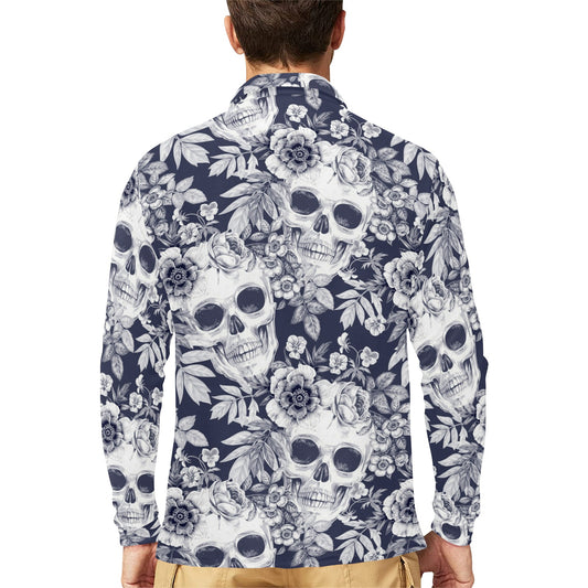 Skull Floral Beautiful Long Sleeve Polo Shirt For Men's