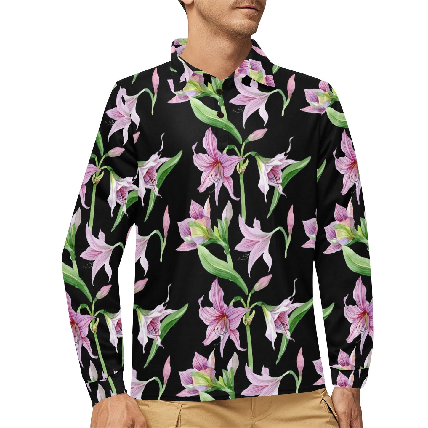 Amaryllis Pattern Print Design AL08 Long Sleeve Polo Shirt For Men's