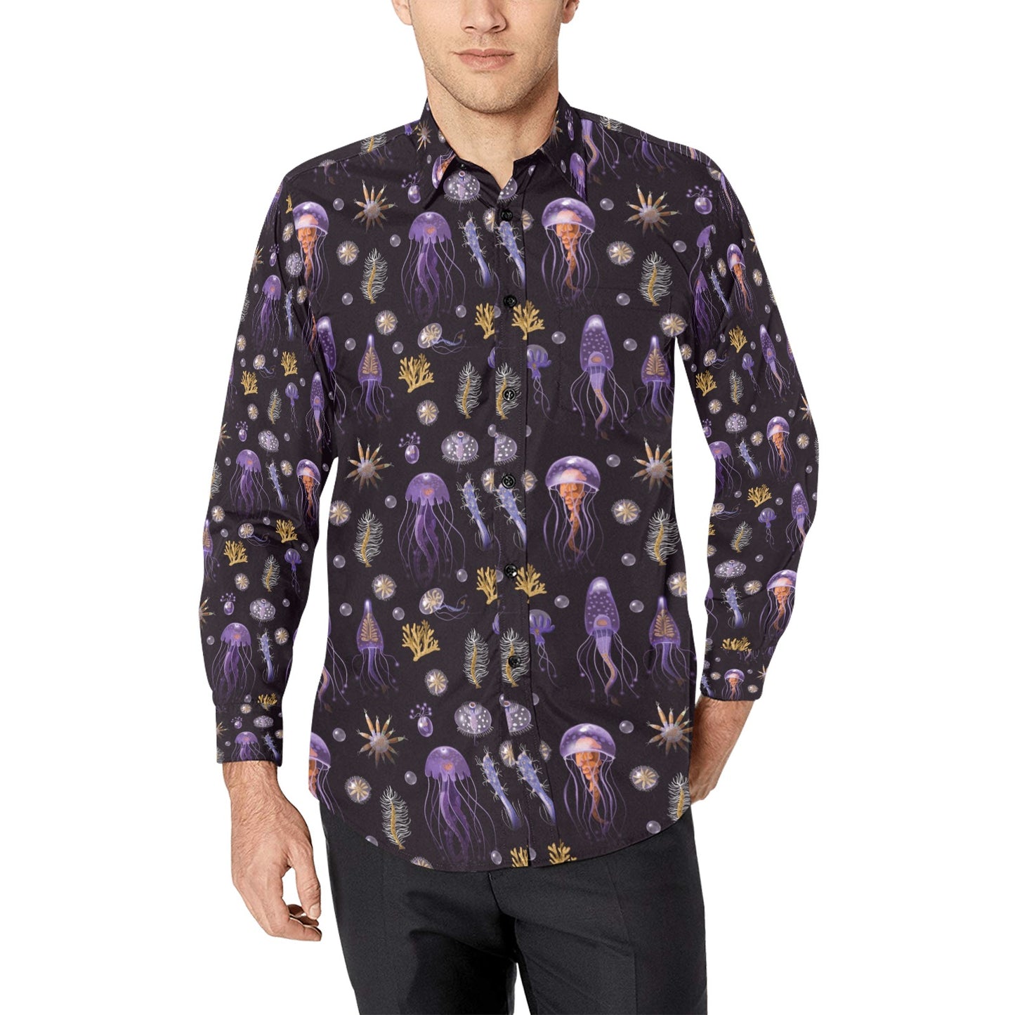 Seaweed With Jelly Fish Print Design LKS305 Men's Long Sleeve Dress Shirt