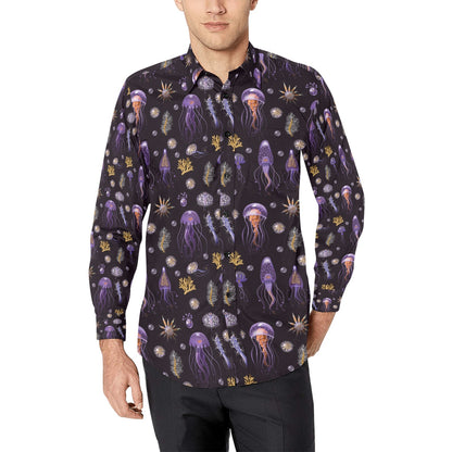 Seaweed With Jelly Fish Print Design LKS305 Men's Long Sleeve Dress Shirt