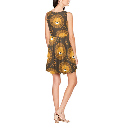 Lion Cartoon Pattern Print Design 01 Sleeveless Dress
