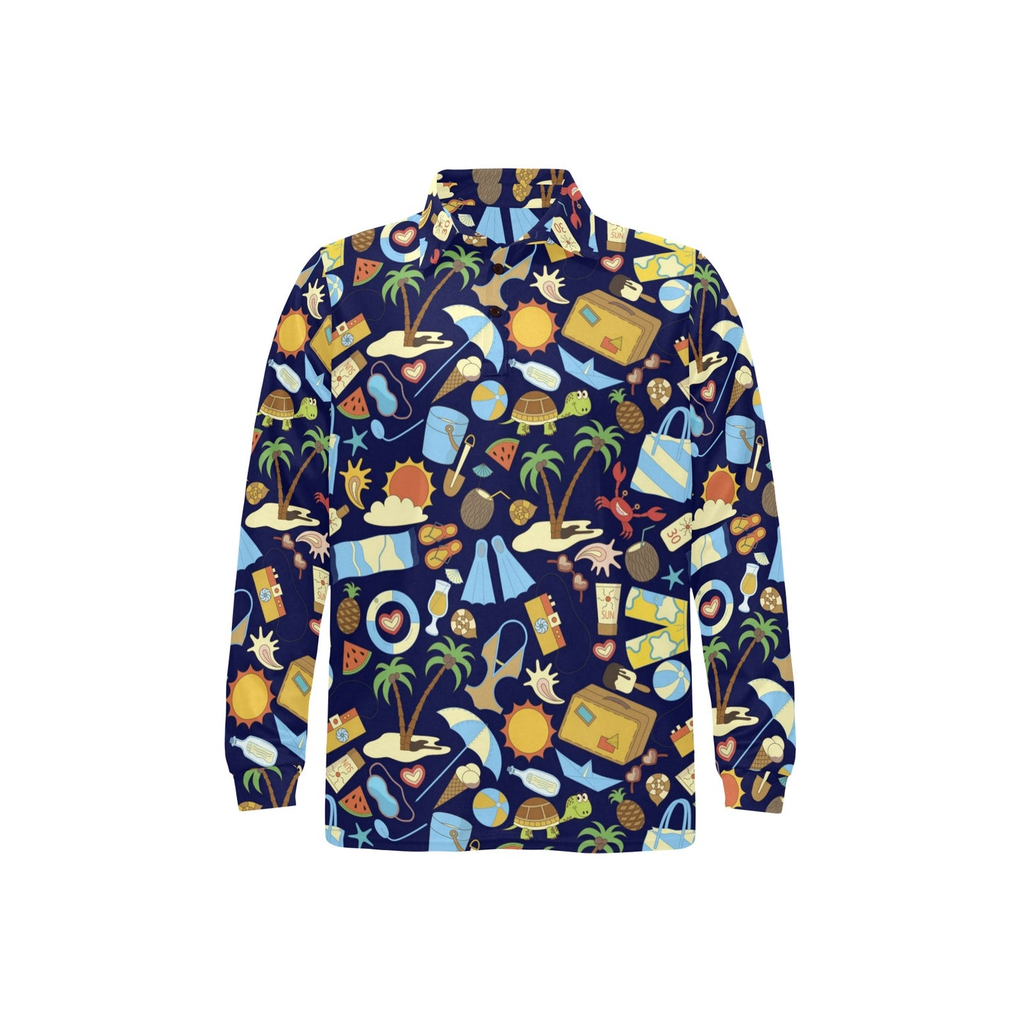 Beach Themed Pattern Print Design 04 Long Sleeve Polo Shirt For Men's