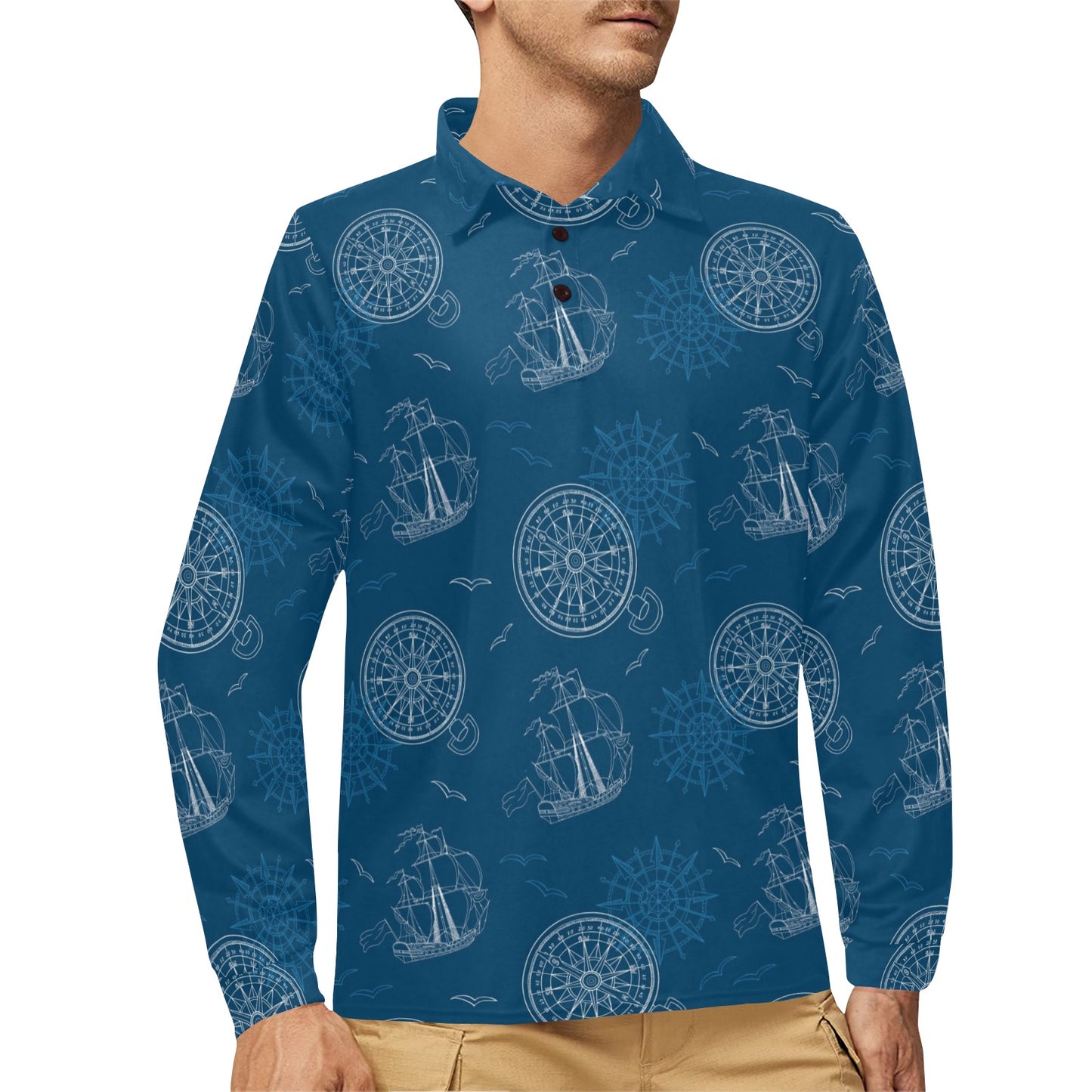 Nautical Pattern Print Design A04 Long Sleeve Polo Shirt For Men's