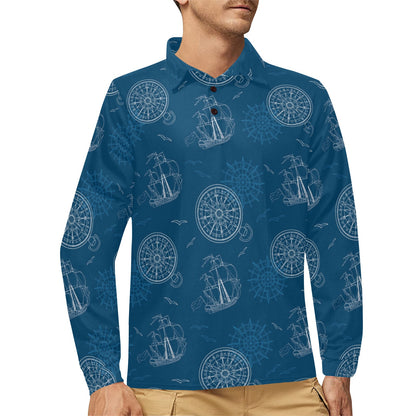 Nautical Pattern Print Design A04 Long Sleeve Polo Shirt For Men's