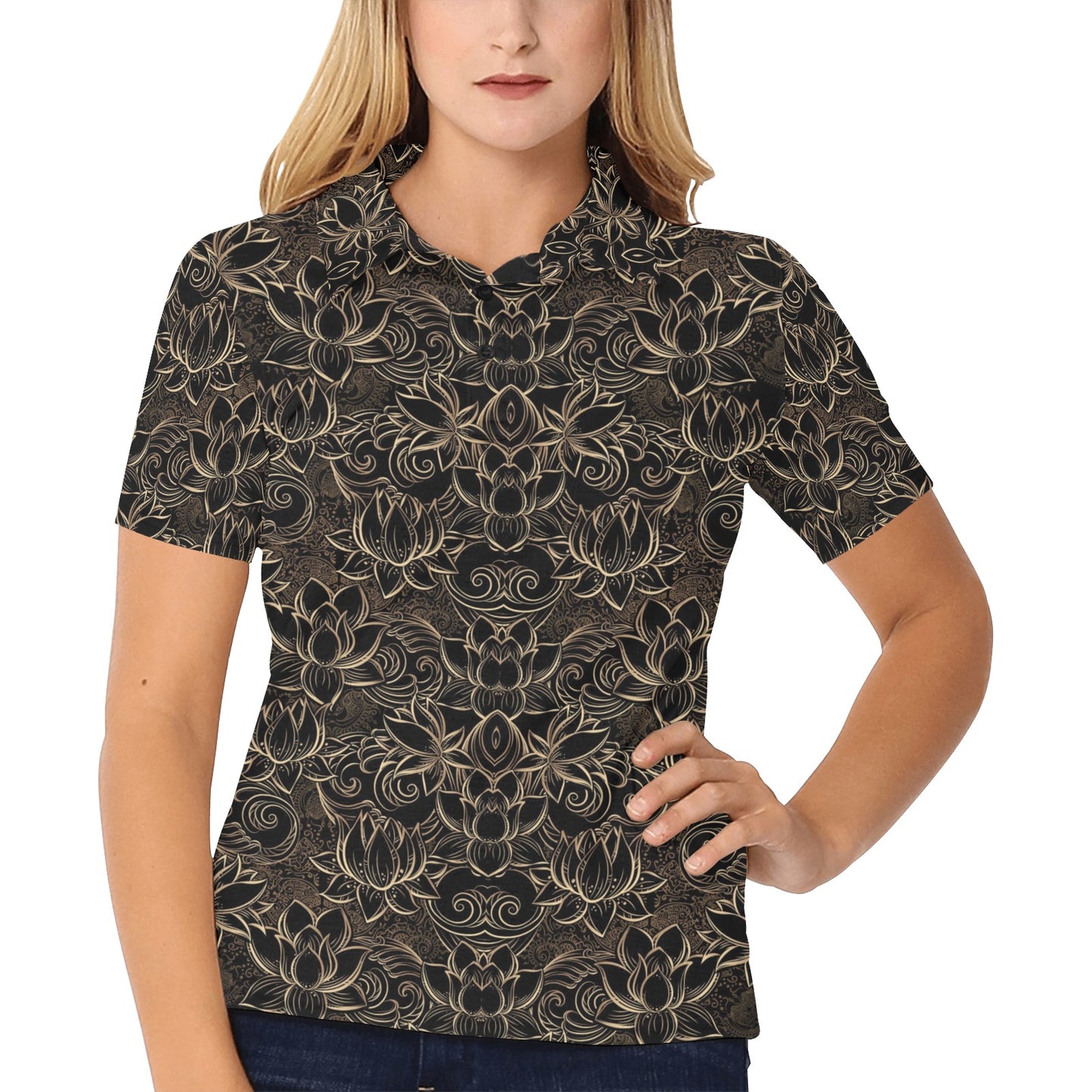 Lotus Gold Mandala Design Themed Women's Polo Shirt