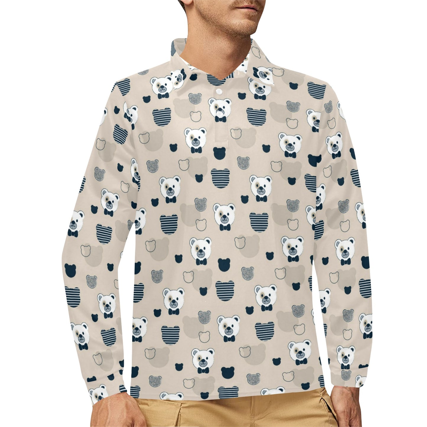 Bear Pattern Print Design 05 Long Sleeve Polo Shirt For Men's