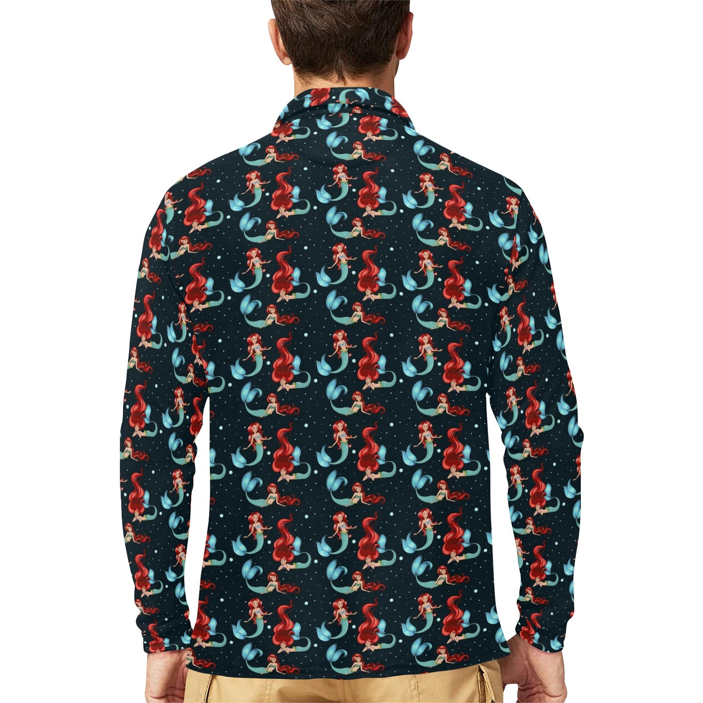 Mermaid Girl Themed Design Print Long Sleeve Polo Shirt For Men's