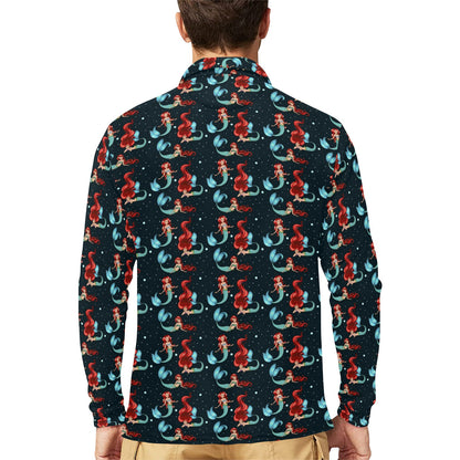 Mermaid Girl Themed Design Print Long Sleeve Polo Shirt For Men's