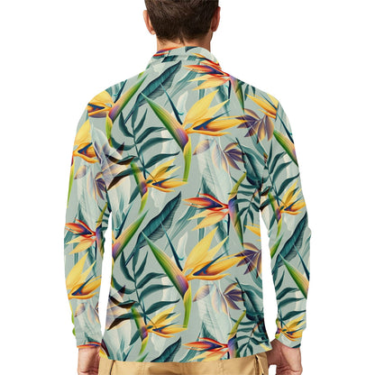 Tropical Flower Pattern Print Design TF022 Long Sleeve Polo Shirt For Men's