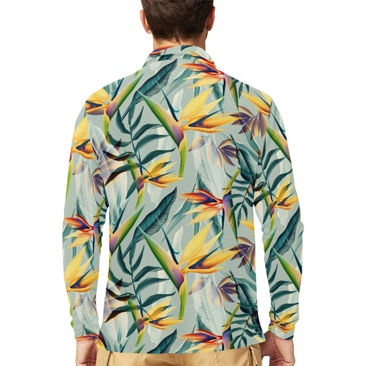 Tropical Flower Pattern Print Design TF022 Long Sleeve Polo Shirt For Men's