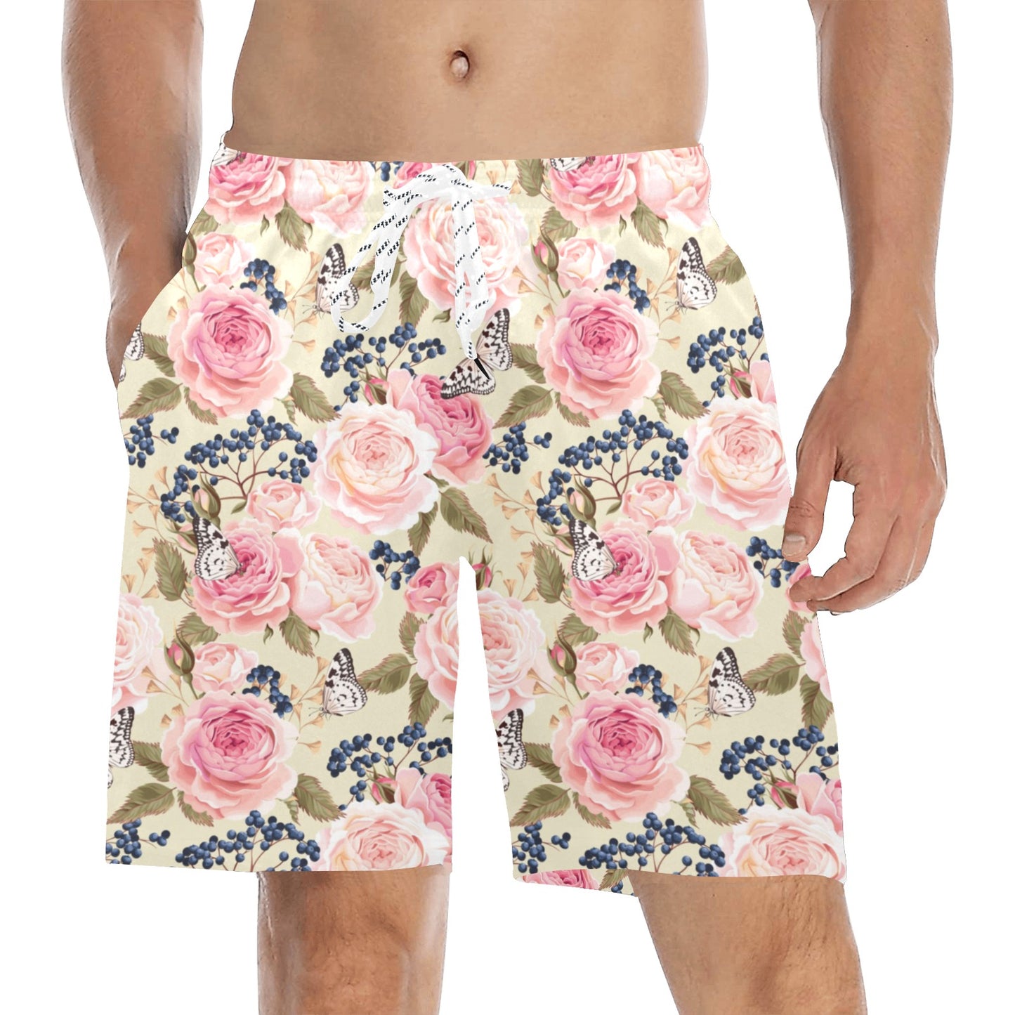 Floral Pink Butterfly Print Men's Swim Trunks Beach Shorts