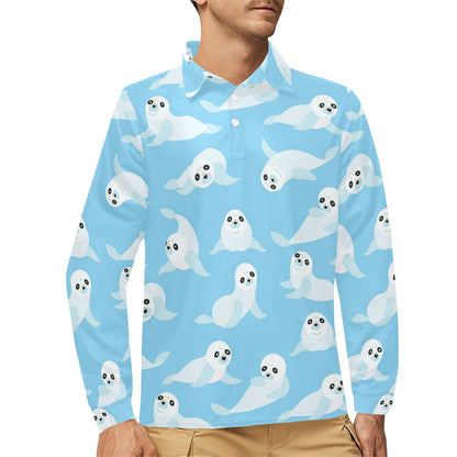 Sea Lion Cute Pattern Print Design 03 Long Sleeve Polo Shirt For Men's