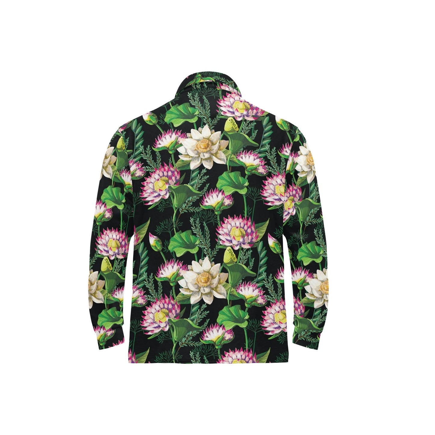 Water Lily Pattern Print Design WL010 Long Sleeve Polo Shirt For Men's