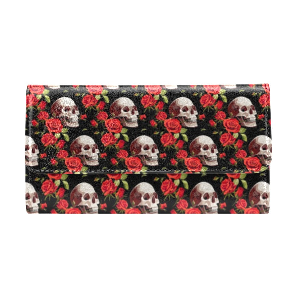Red Rose Skull Design Print Women's Trifold Wallet