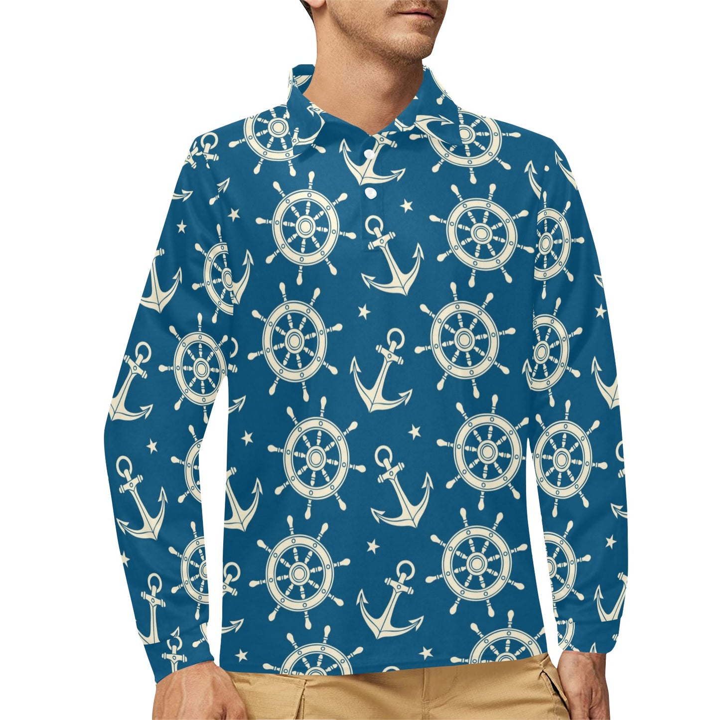 Anchor Pattern Print Design 01 Long Sleeve Polo Shirt For Men's