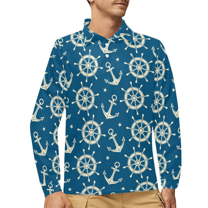 Anchor Pattern Print Design 01 Long Sleeve Polo Shirt For Men's