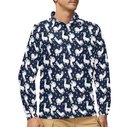 Alpaca Heart Star Design Themed Print Long Sleeve Polo Shirt For Men's