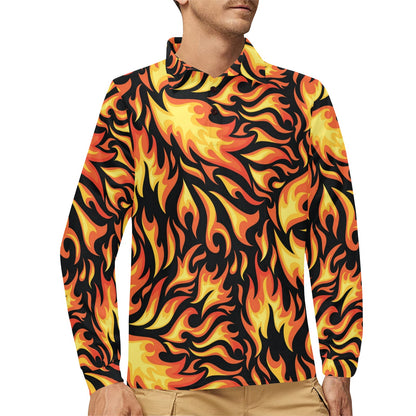 Flame Fire Design Pattern Long Sleeve Polo Shirt For Men's