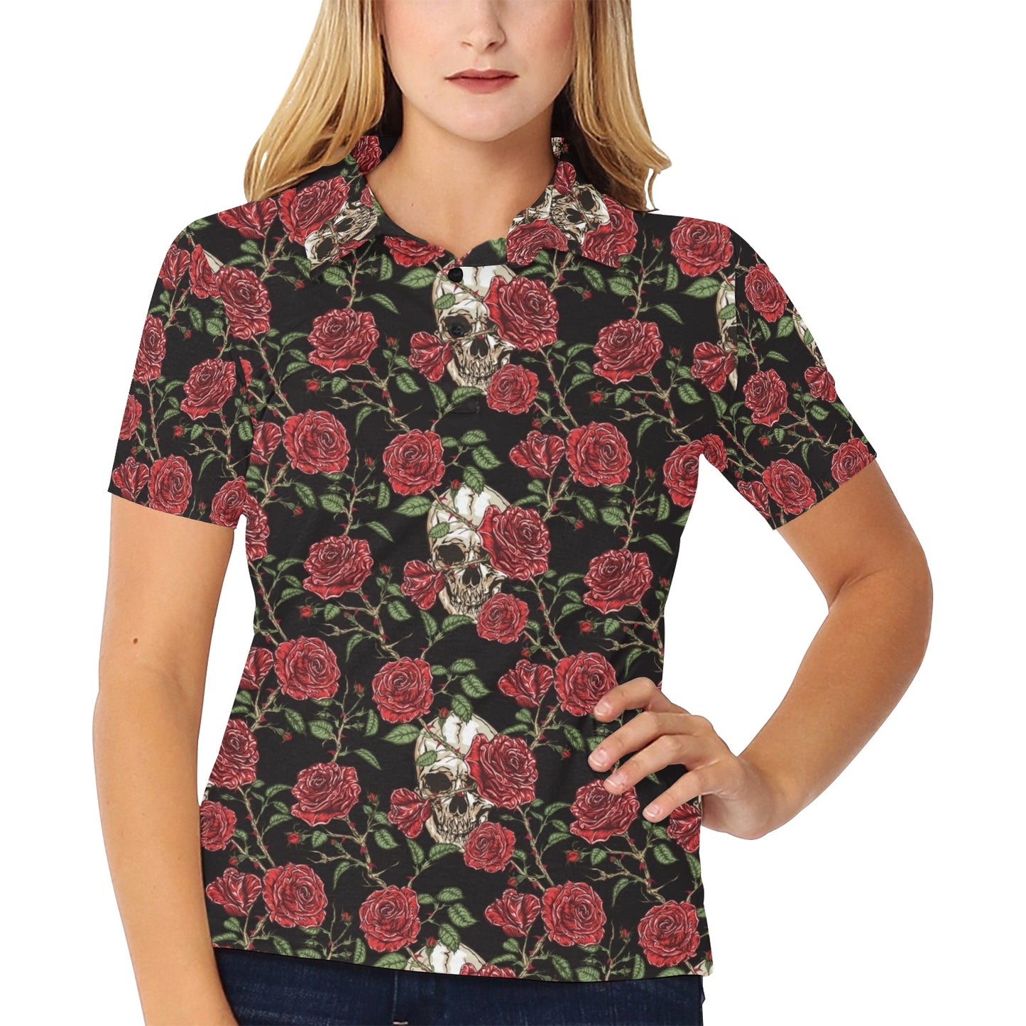 Skull And Roses Print Design LKS303 Women's Polo Shirt