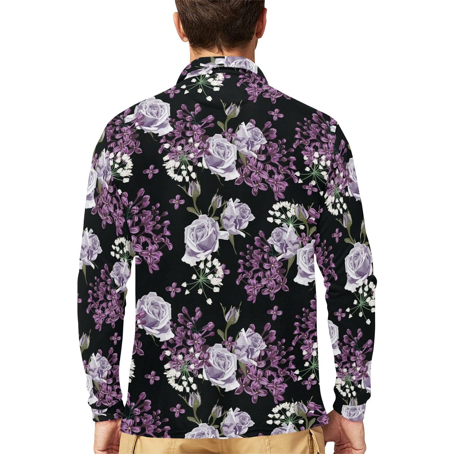 Lilac Pattern Print Design LI04 Long Sleeve Polo Shirt For Men's