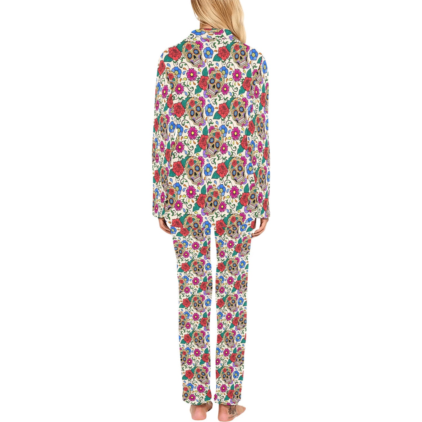 Sugar Skull Colorful Themed Print Women's Long Pajama Set
