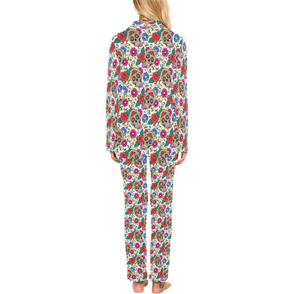 Sugar Skull Colorful Themed Print Women's Long Pajama Set