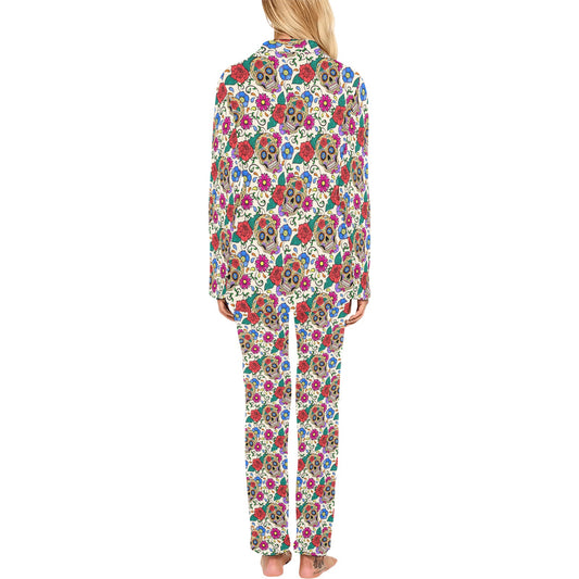 Sugar Skull Colorful Themed Print Women's Long Pajama Set
