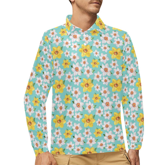 Daffodils Pattern Print Design 02 Long Sleeve Polo Shirt For Men's